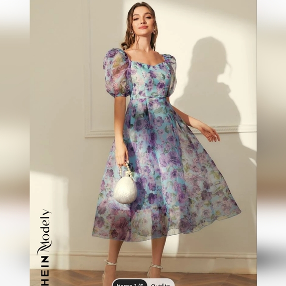 Shein Floral Print Puffed Sleeve Dress - Picture 3 of 8